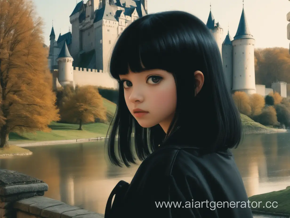 девушка с черными волосами на фоне замка и природы