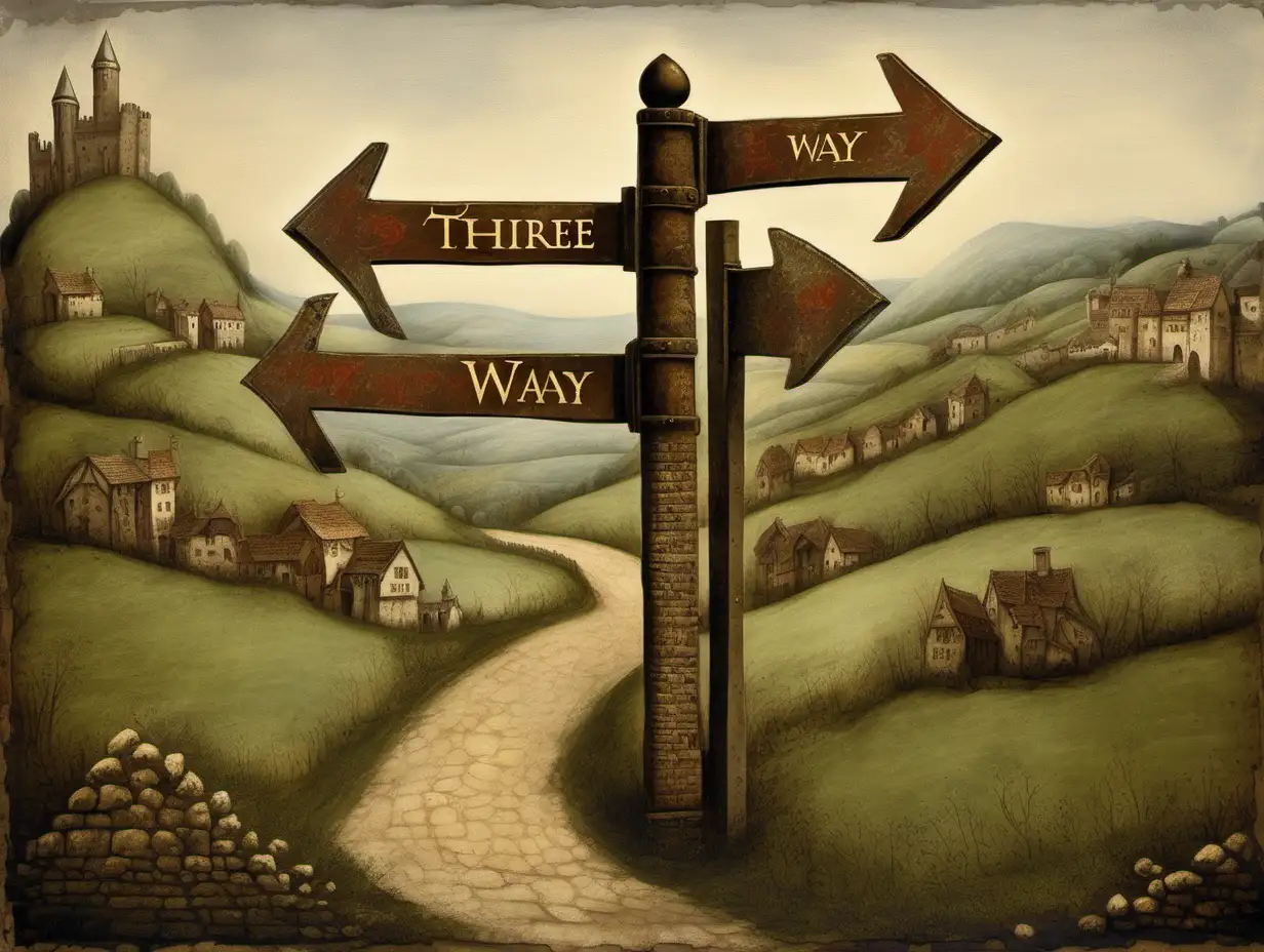 medieval three way road signpost, painting