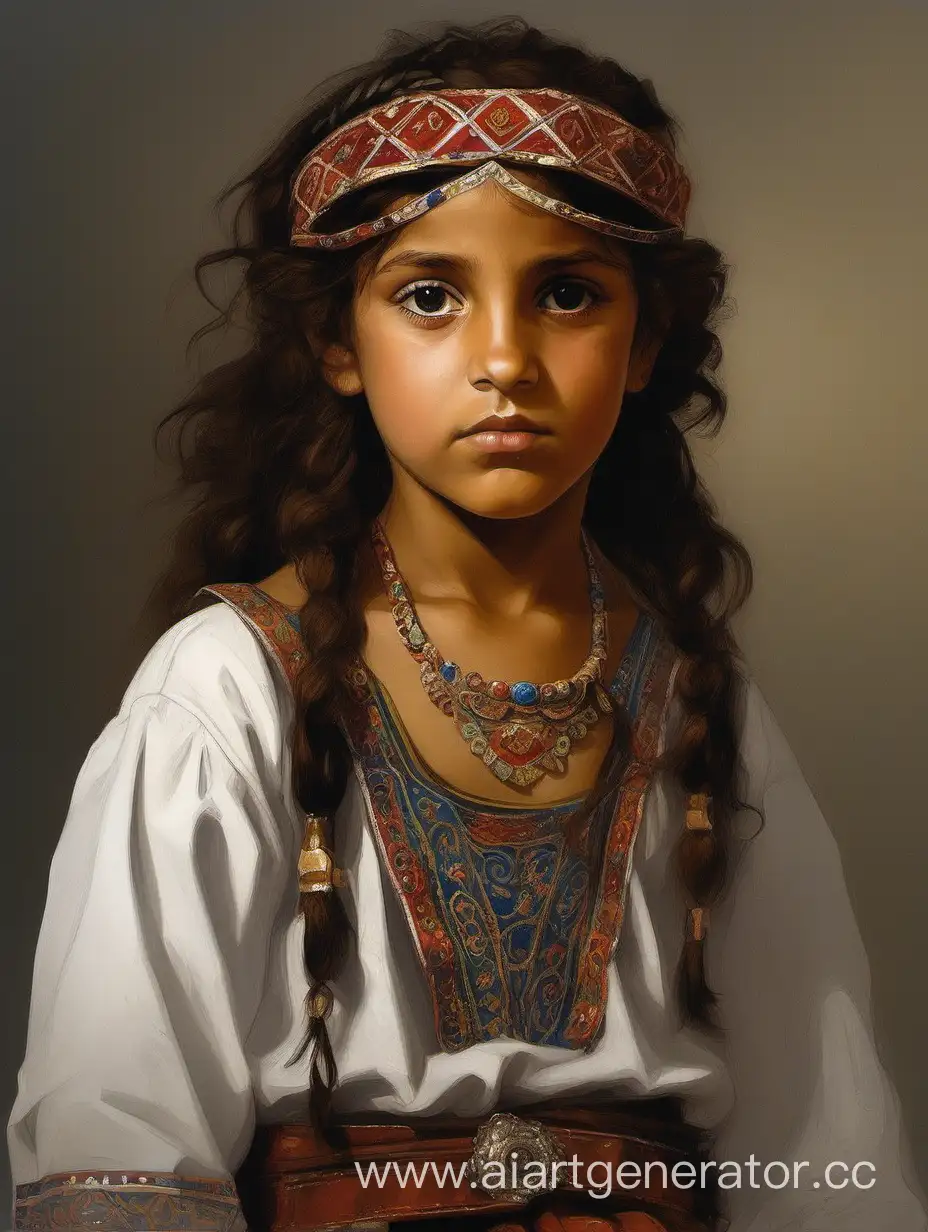 Portrait of a young Gypsy girl in traditional clothes and a headband, without jewelry or earrings; in the style of D&D