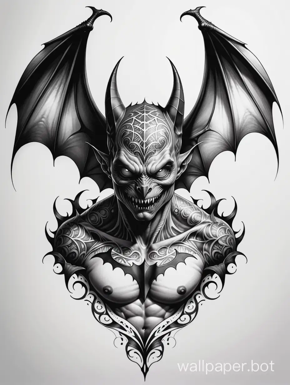 masterpiece tattoo, bat monster, lineart, beautiful composition, blackwork, white background