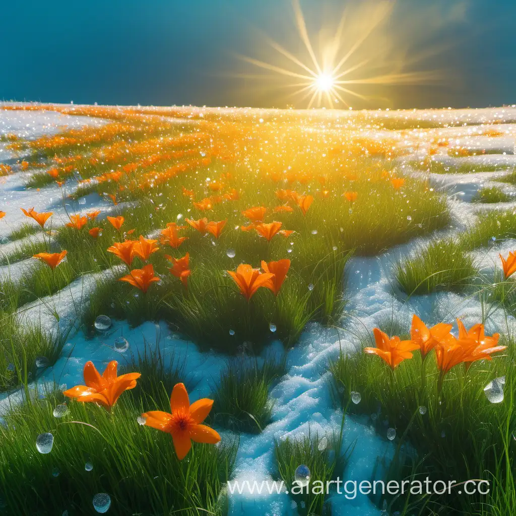 зеленая трава, синее небо, блестящие капли тающего снега и много оранжевых цветов
