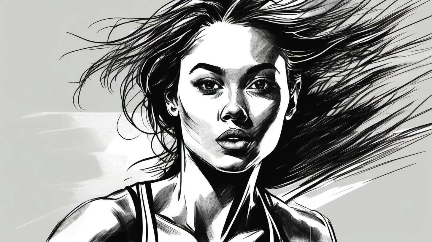 Close up view of a young womans face as she jogs in a black and white sketch style