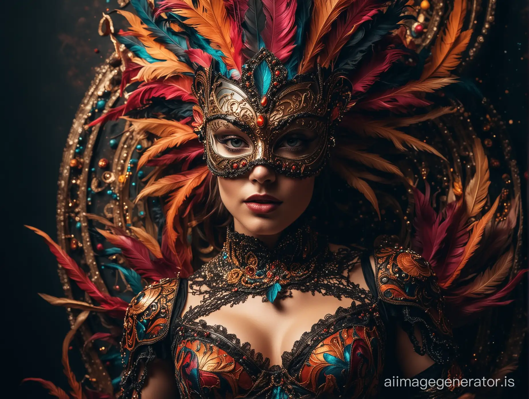 top view. wide view A striking image of a woman dressed in a luxurious masquerade costume, with The jet design is intricately layered onto her bodysuit, adding a dramatic touch to the masquerade theme. The background is filled with the vibrant colors and low lights of a masquerade ball.