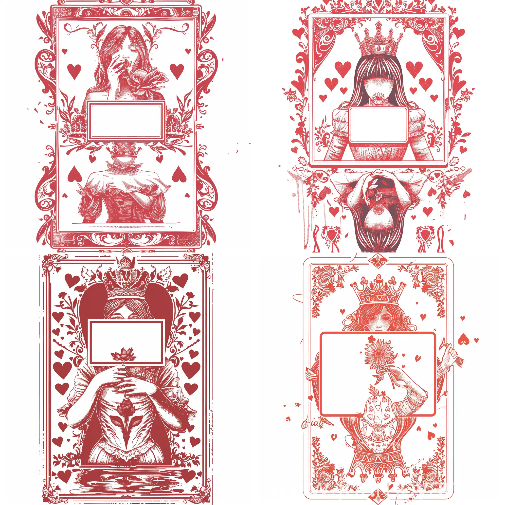 a stylized representation of a playing card, specifically the Queen of Hearts. The central figure is depicted in a seated position, holding a flower close to their face. However, their identity is obscured by a blank rectangle. A smaller, upside-down figure mirrors the larger one below it. Both figures are adorned with crowns and are surrounded by decorative elements including hearts and floral designs. The color scheme consists of red illustrations against a white background