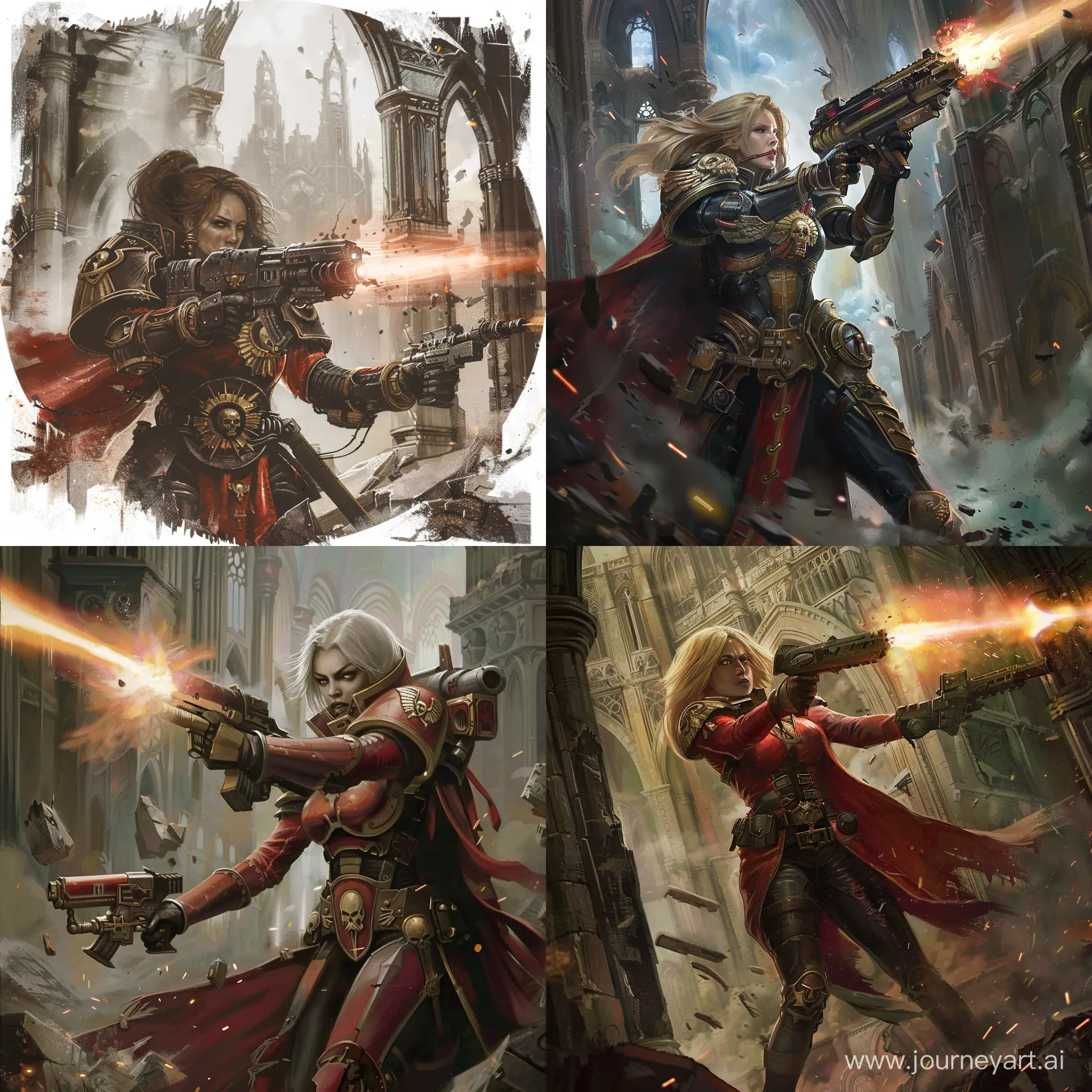 adeptas sororitas, battle sister, firing bolter, cathedral ruins around her