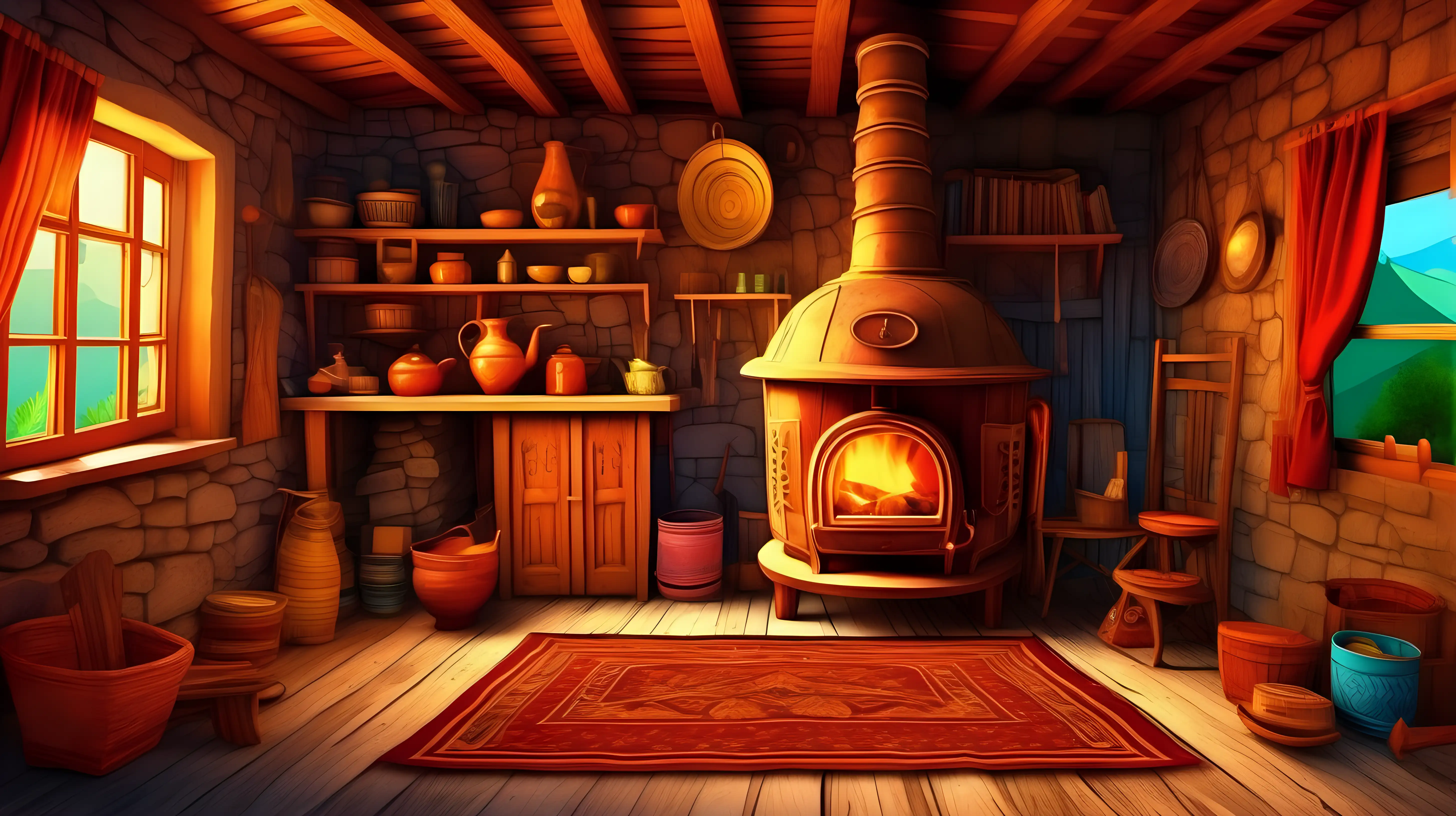 In beautiful subtle cartoon style,  an image of the inside of a traditonal Albanian home with a wood stove and a lot of warm light with vivid colors and lively details,  ultra hd, children book,  highly detailed, perfect composition, beautiful detailed intricate insanely detailed perfect light