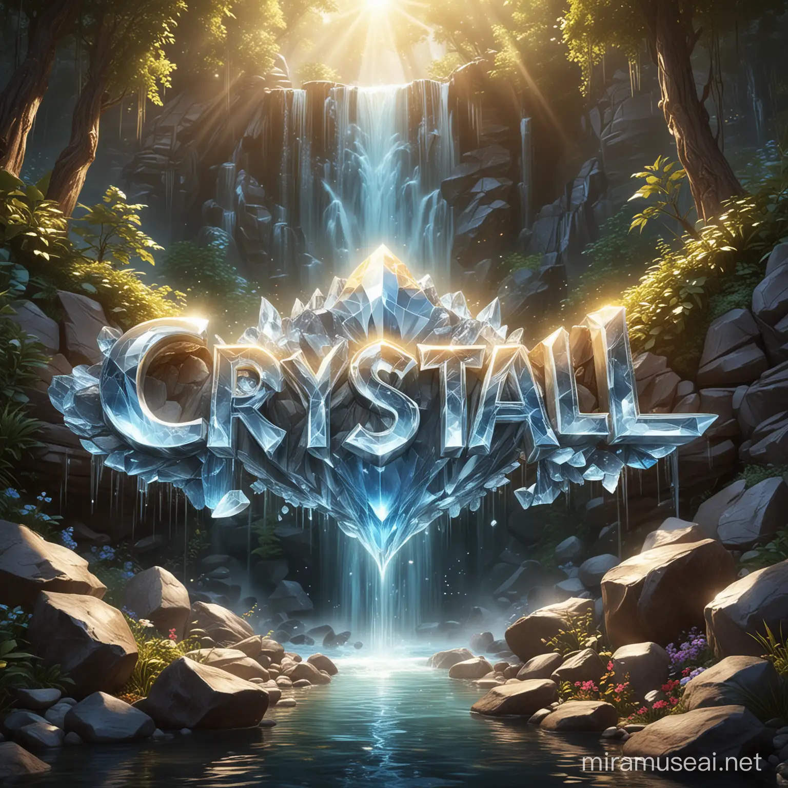 he word "Crystal" is elegantly inscribed in gleaming crystals, set in the enchanting style of Sunfire Summit art. Surrounded by radiant light beams and backed by a majestic waterfall, this design exudes the essence of a game logo, ideal for a captivating mobile game background.