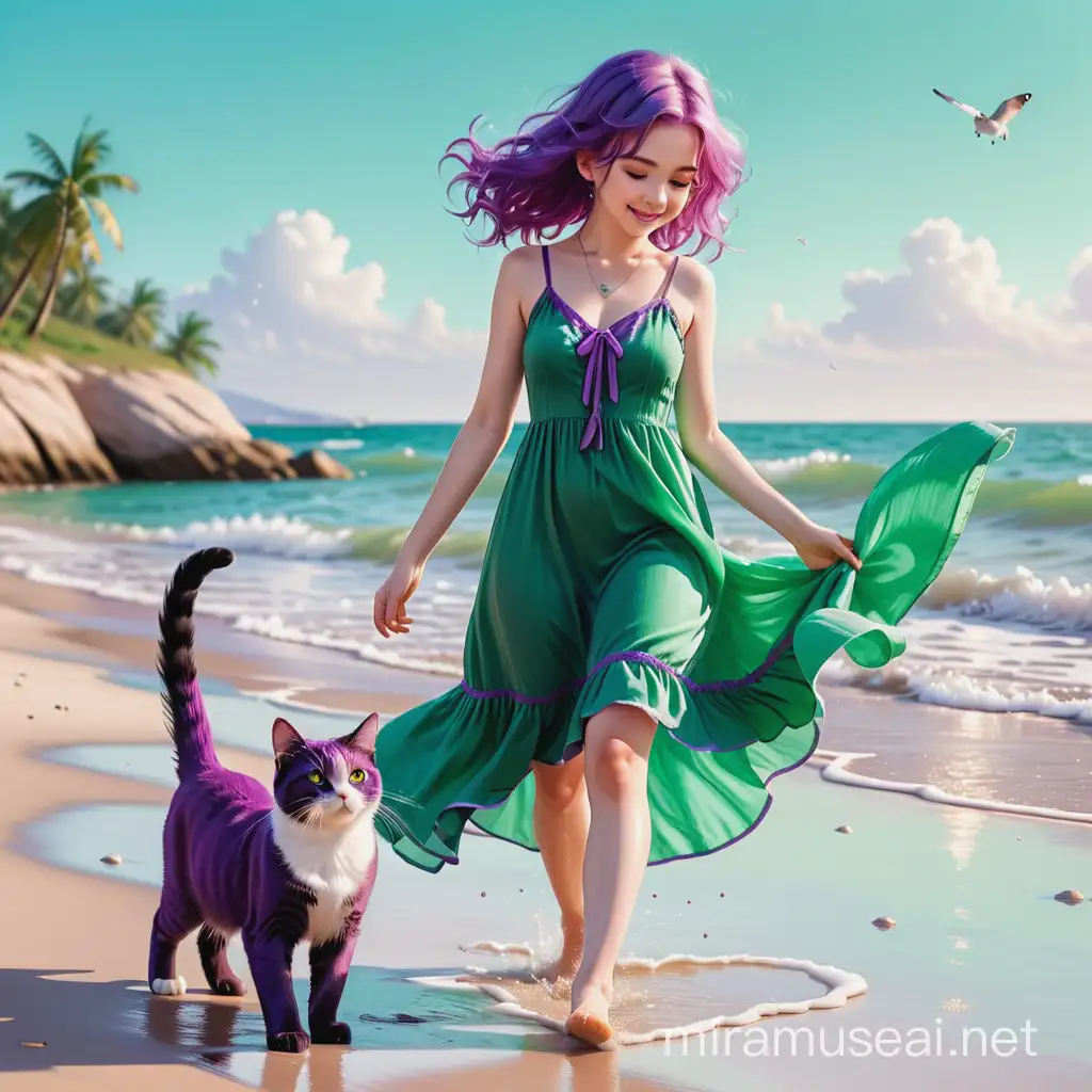 Playful Girl with Purple Hair Enjoying Seaside Serenity with Cat