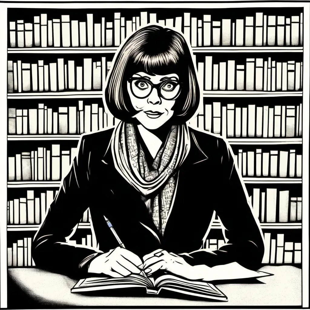 Create a colored block print style image of 45-year-old Velma Dinkley wearing a black coat and a very short brown scarf sitting inside a library and writing. Make her hair a bit longer but still shorter than shoulder length and bit puffy at the bottom and make her fringe a bit shorter. Make her nose smaller. Make the library also block print. Also make her eyeglasses round.