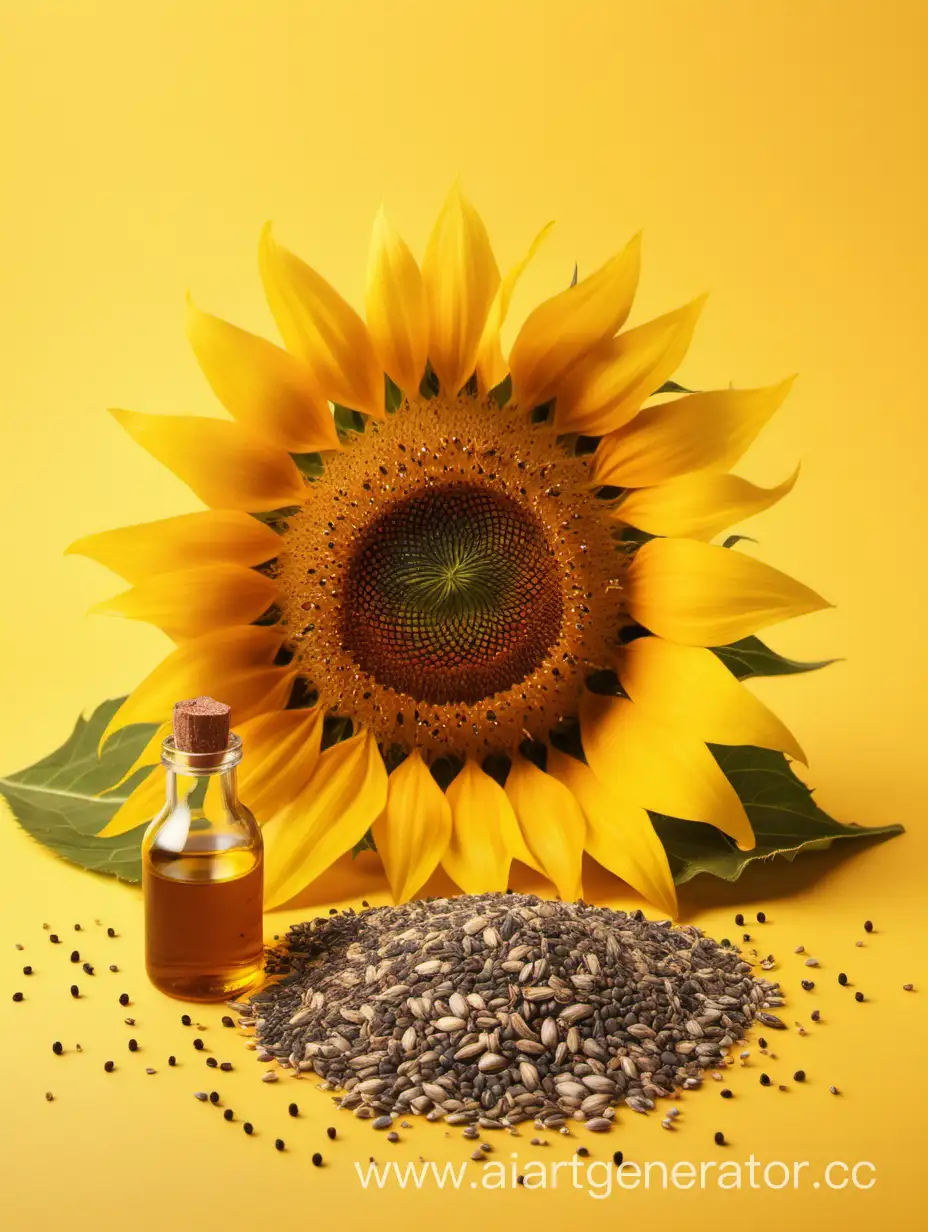 Sunflower with oil and seed on yellow background