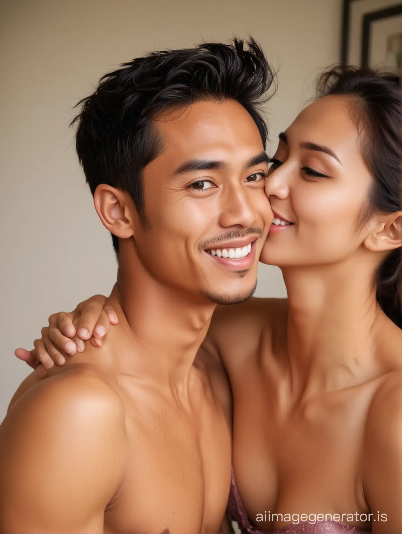 A young handsome Indonesian man is given a kiss on his right cheek by his beautiful girlfriend.  He is surprised but only smiles a little bit.. the man is shirtless, the girlfriend only wearing a silk bra..