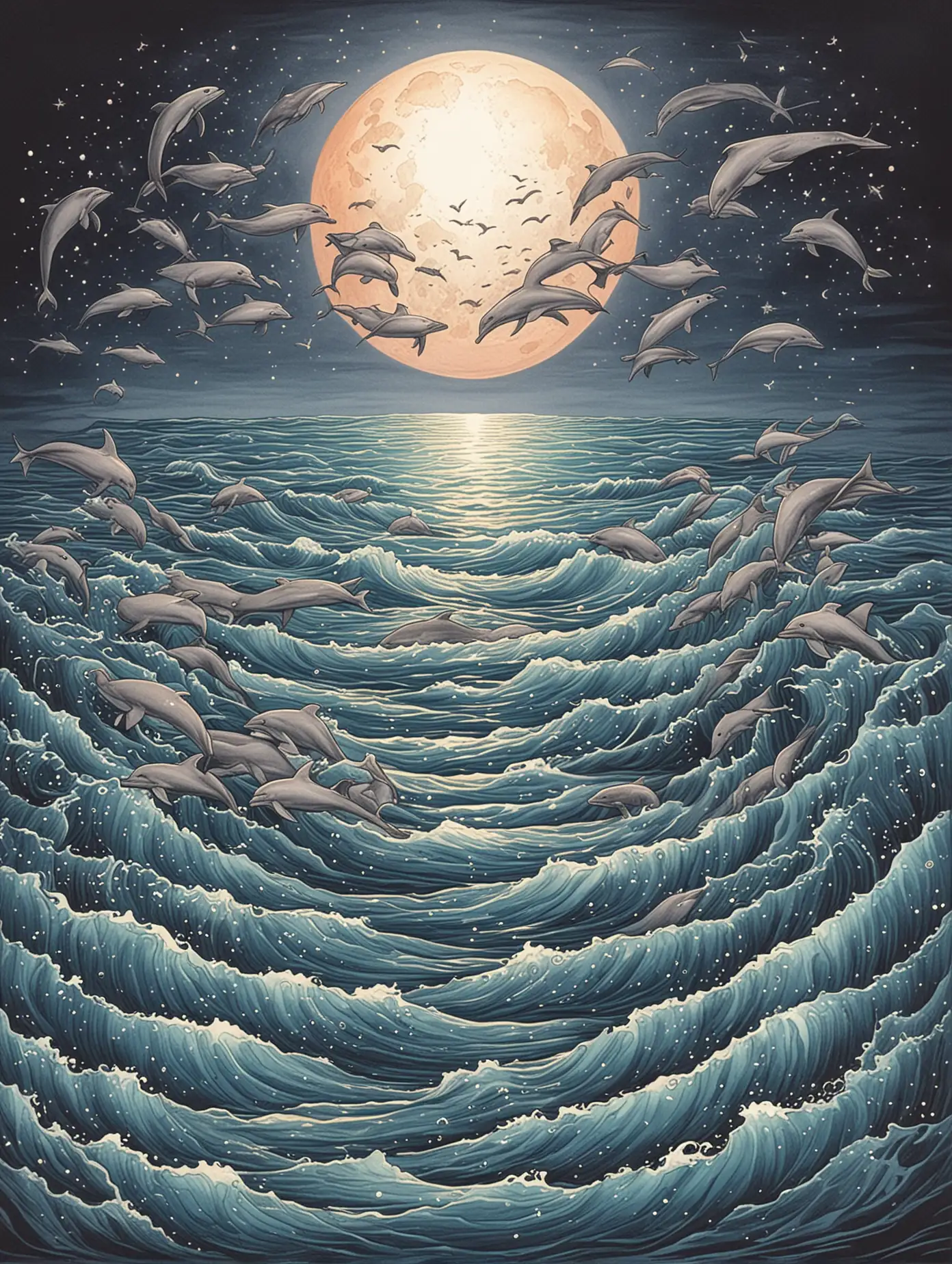 Simple color
 line drawing of a fantasy moon smiling down on an ocean full of dolphins during a full moon
