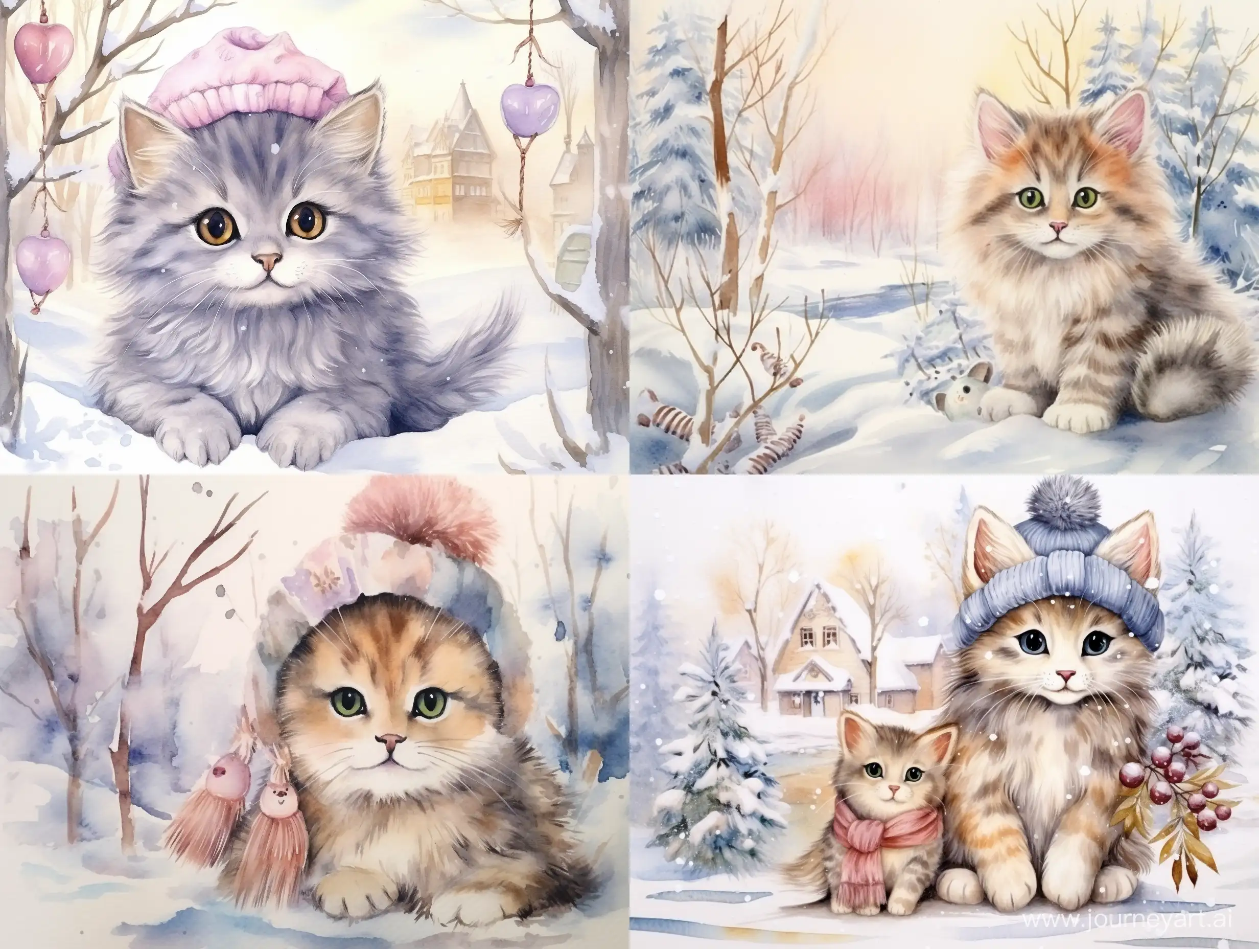 Adorable-Winter-Kitten-in-Forest-Watercolor-Painting
