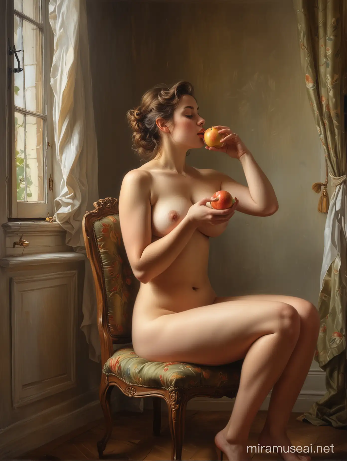 Nude oil painting of a young stunningly beautiful curvaceous young woman sitting in a chair near a small window eating an apple. Wide angle shot. In the style of Elisabeth Vigee Le Brun.