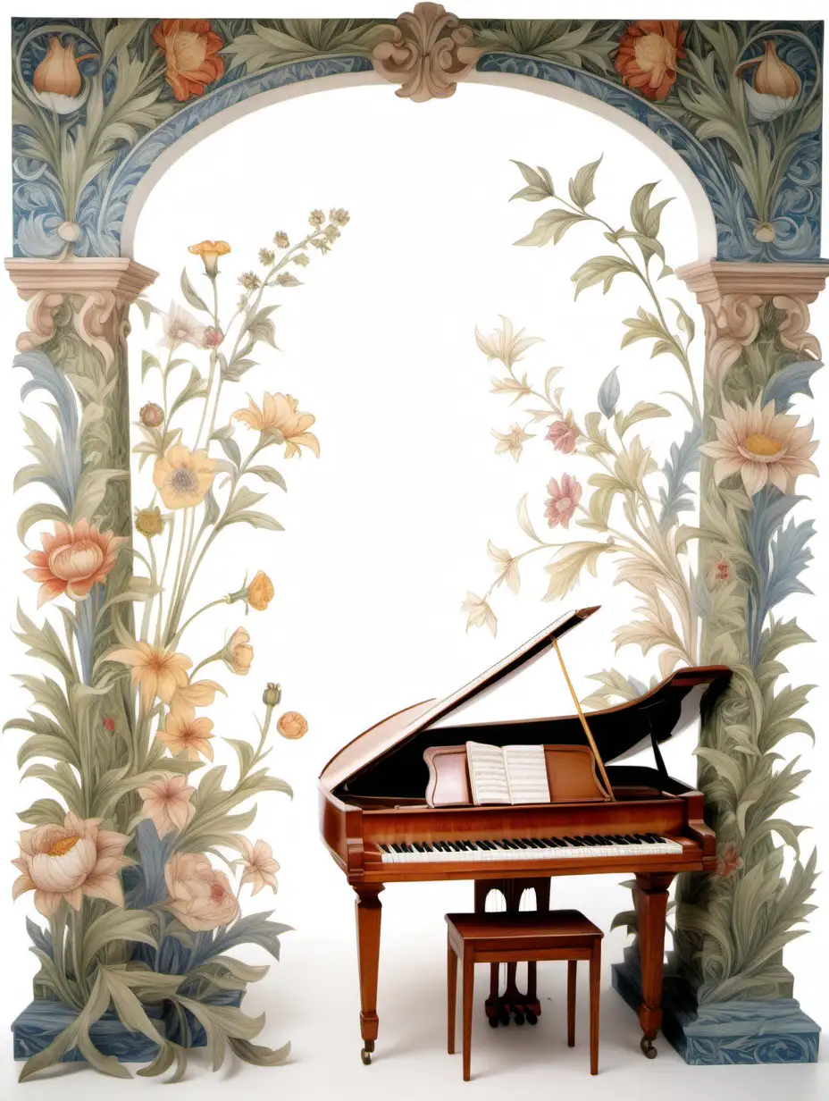 威廉・莫里斯畫風,畫花,小提琴,鋼琴,在純白背景前,呈現夢幻感覺,部分模糊不清