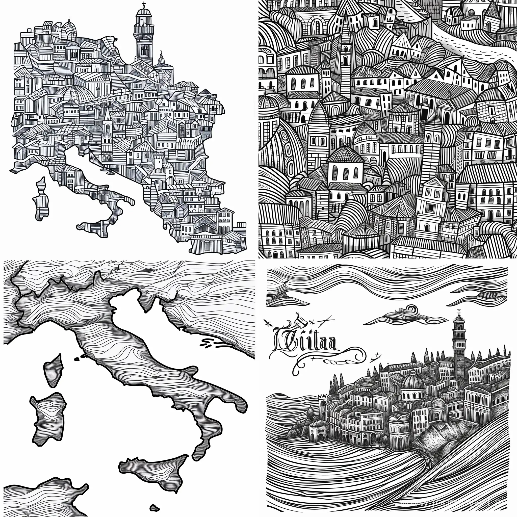 pattern of Italy just a single stroke and recognisable drawings with basic geometric shapes, high quality lines only