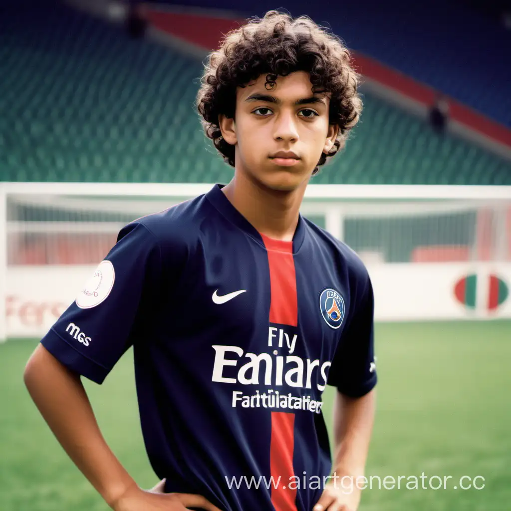 Молодой футболист 20 лет, в футболке ПСЖ, португальской внешности, кудрявые короткие волосы.