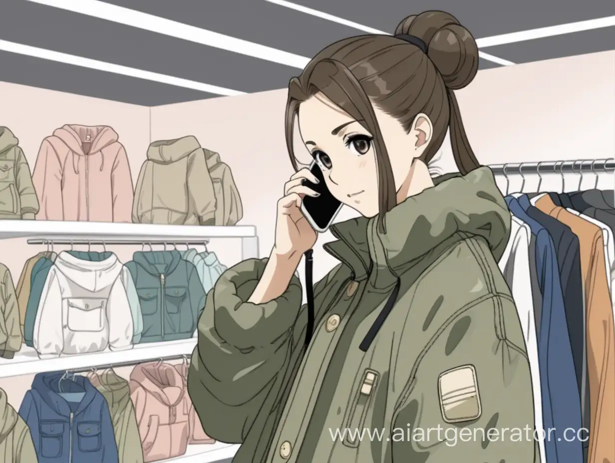 В магазине одежды девушка брюнетка с волосами собранными в пучок в болотной куртке разговаривает по мобильному телефону аниме