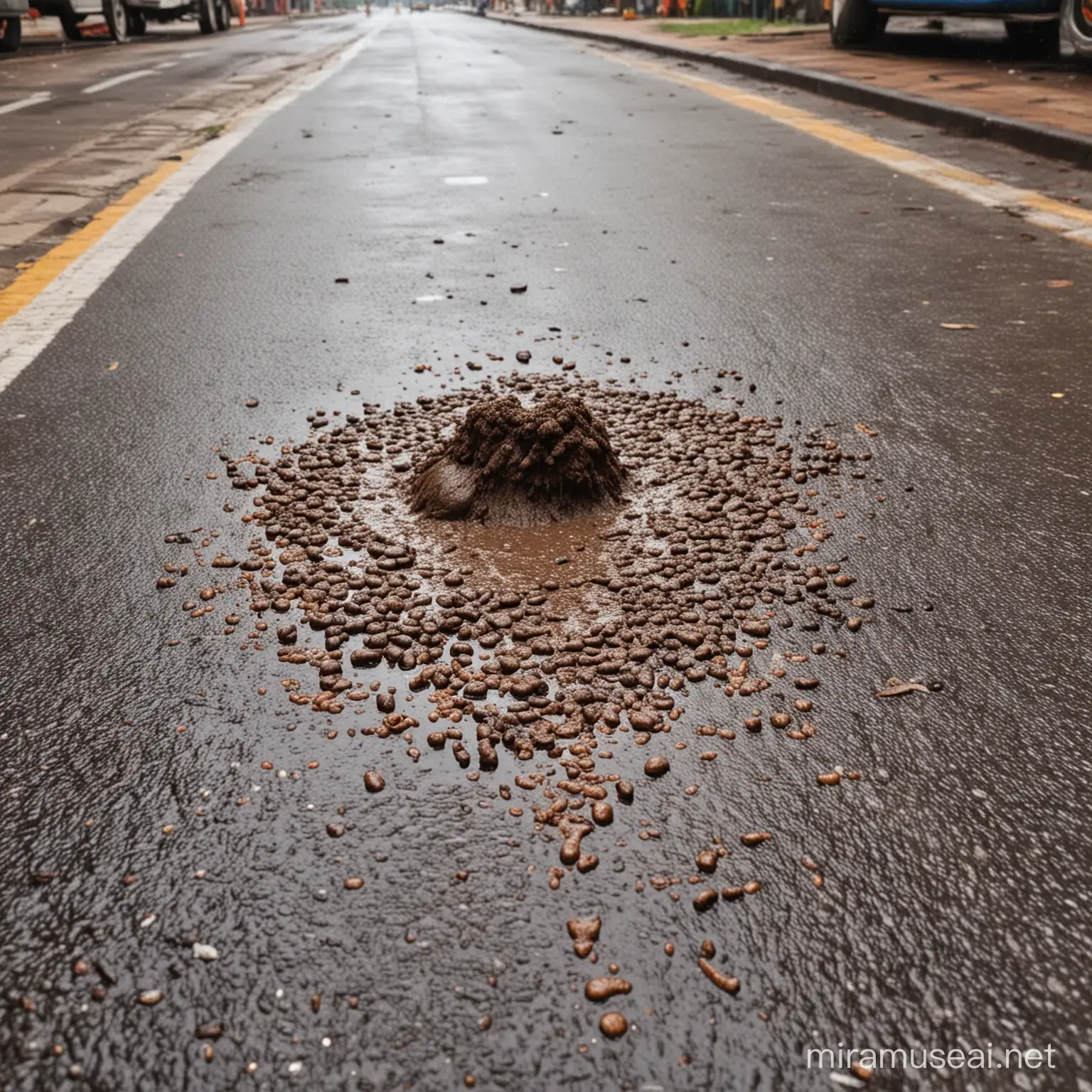 A wet poop in rainy season in open streets of india. With mud around it.
