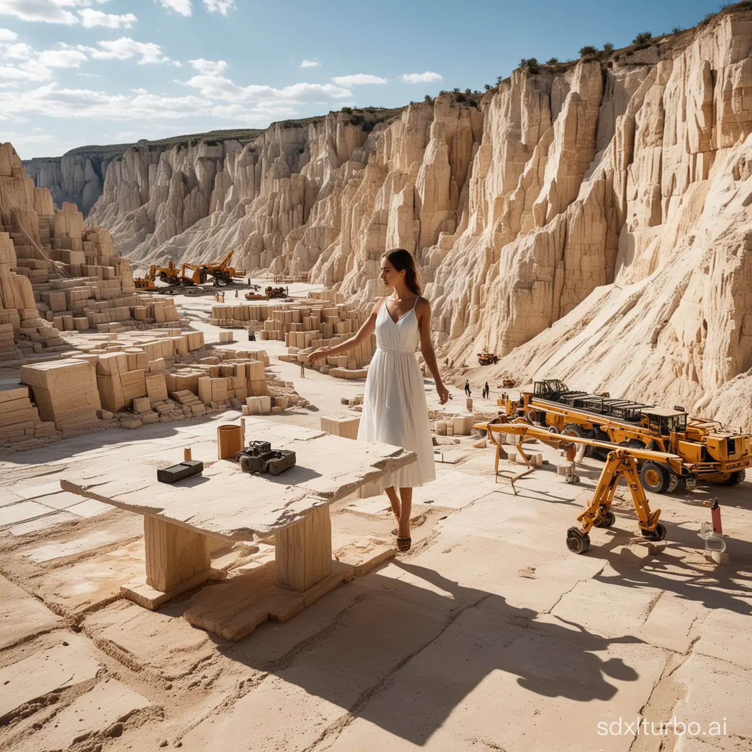 In a travertine stone quarry under a sunny sky, a professional photo shoot is taking place, intended for an Instagram story. The scene is bustling with the activity of heavy machinery and massive walls of travertine blocks. At the center, a sophisticated travertine table is prominently featured. A production team, equipped with high-end full-frame cameras like the Sony Alpha A1, is capturing the moment. A model in a white dress poses elegantly beside the table, adding a striking contrast to the rugged quarry backdrop. Additionally, a large 'N' shaped travertine block enhances the scene, serving as a unique decor element for the shoot.