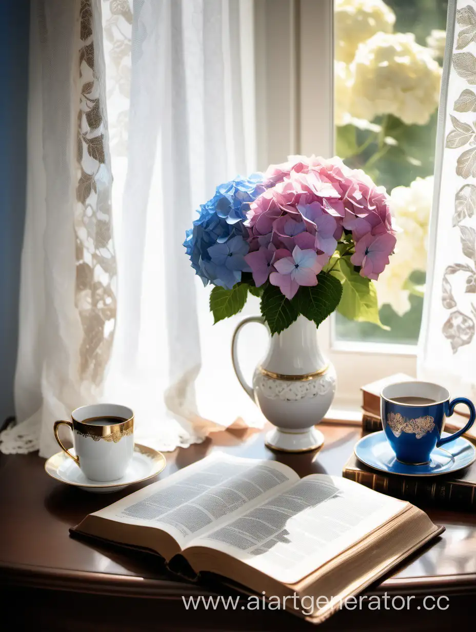 Утро, светит солнце, комната,  окно с белой, ажурной тюлью, стол  с белой ажурной скатертью, лежит  открытая Библия  с золотым обрезом, рядом стоит  росписная ваза с розовой и голубой гортензией, рядом с вазой стоит кружка с кофе. 