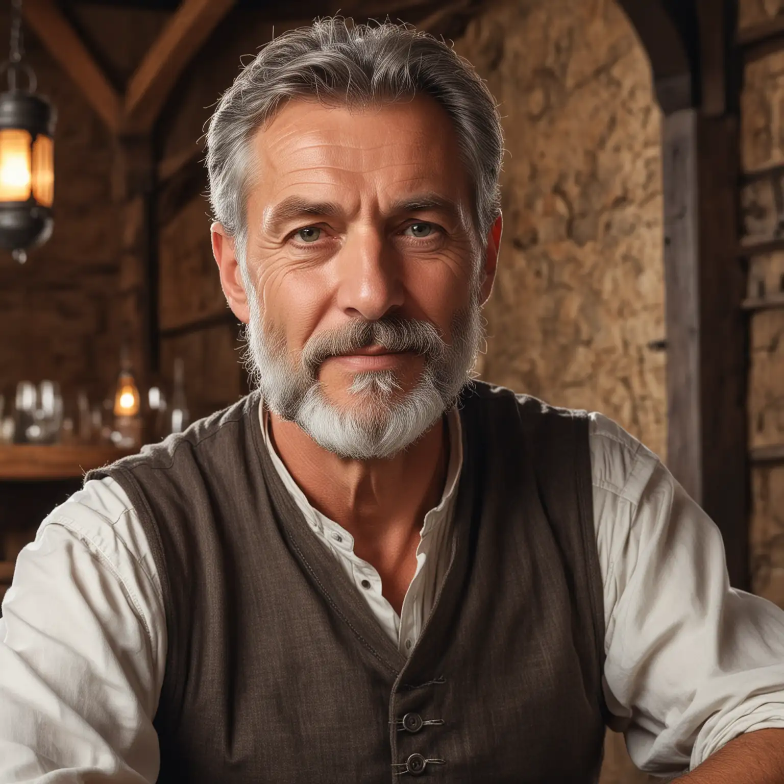 handsome 60 year old German man with short grey beard in medieval tavern