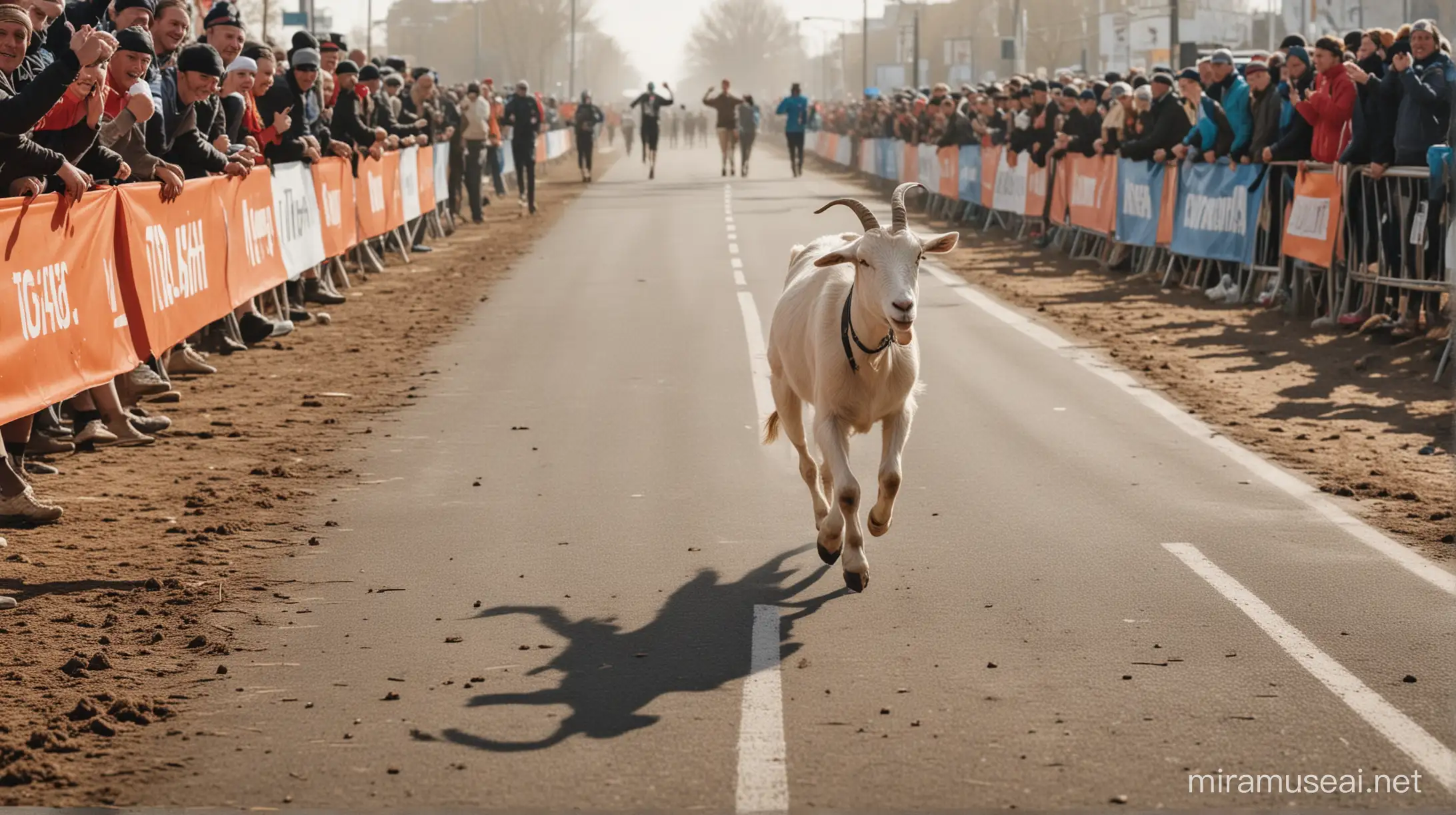 show me a realistic photo framed of an epic moment a GOAT is crossing the finishing line at a marathon as a winner