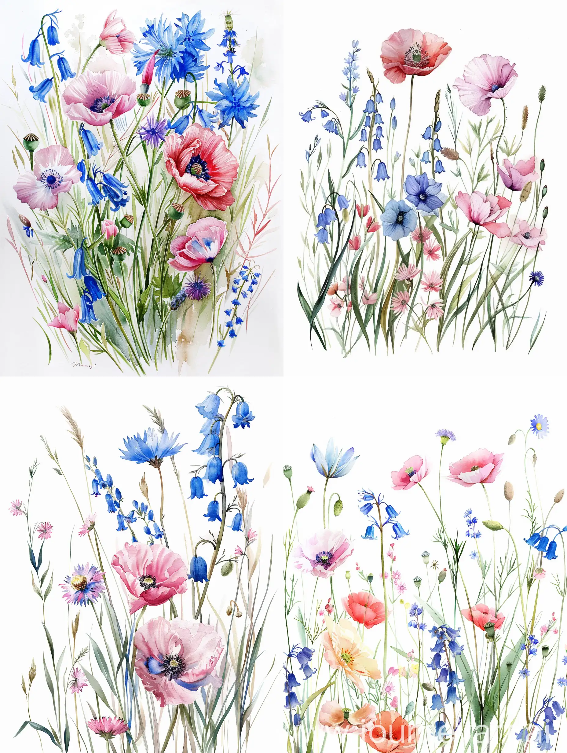 Vacker handmålad akvarell målning, med vildblommor, med blåklockor, blåklint, rosa vallmo, mjukt handmålade, detaljerade, på vit bakgrund