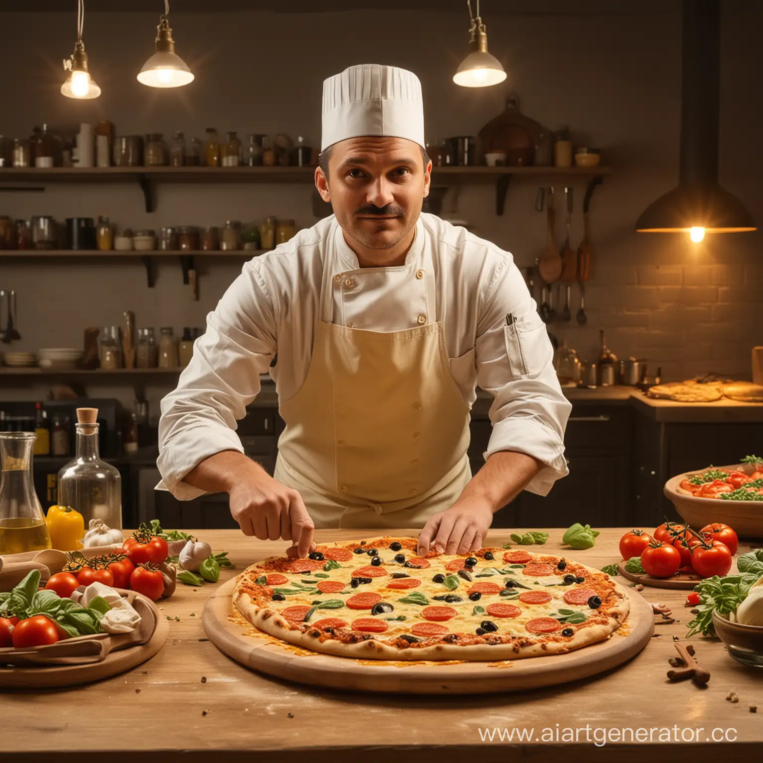 ambiente de cocina ,iluminación media tonalidad amarillenta ,con todos los ingredientes para la preparación de pizzas sobre una gran mesa ,Chef con su atuendo tradicional y la pizza terminada en su mano