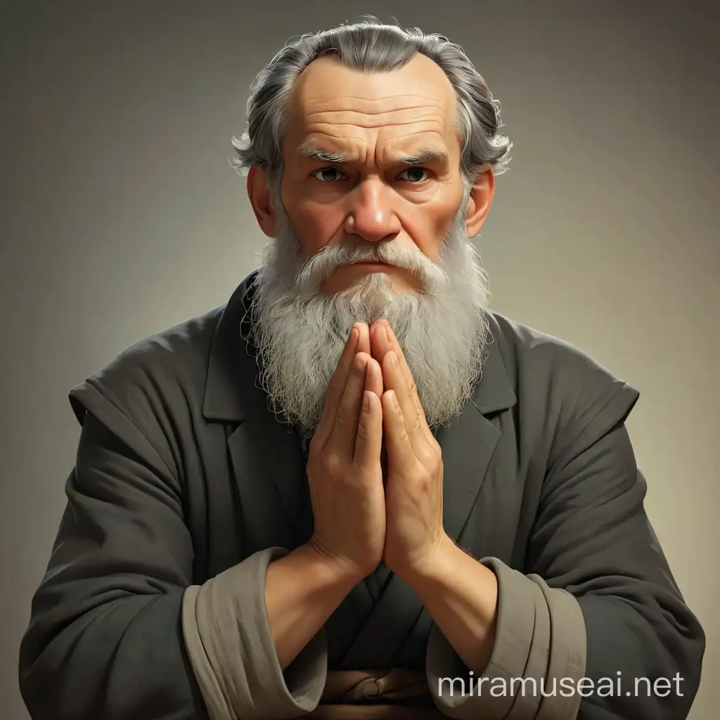 Russian writer Leo Tolstoy prays with his hands folded in front of him, his eyes full of hope. In the style of 3d animation, realism.