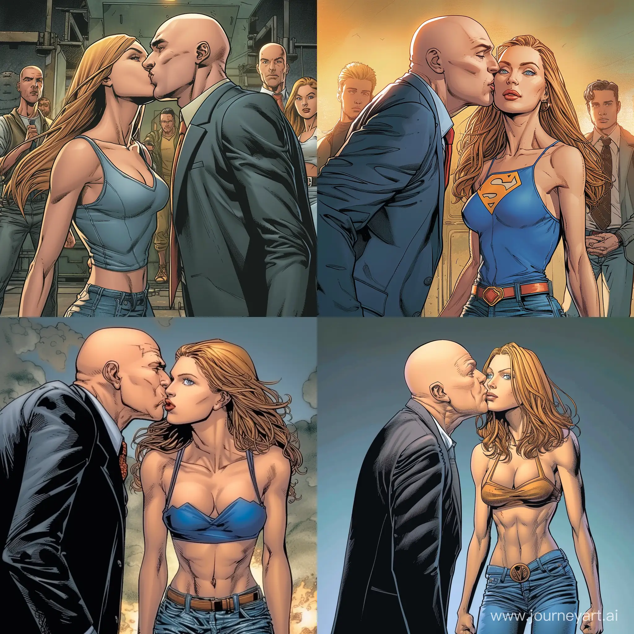 Lex Luthor, in a buisness suit, bald kissing a woman who has a light-medium golden complexion, a squared face shape, full lips, blue eyes, dirty blonde eyebrows arched toward the tail, a button nose, and long, straight strawberry blonde hair with wispy bangs wearing jeans and a tank top
. Meanwhile, Martha Kent Jonathan Kent Clark Kent Lois Lane Chloe Sullivan, and Kara Zor-Elare all watching in horror.