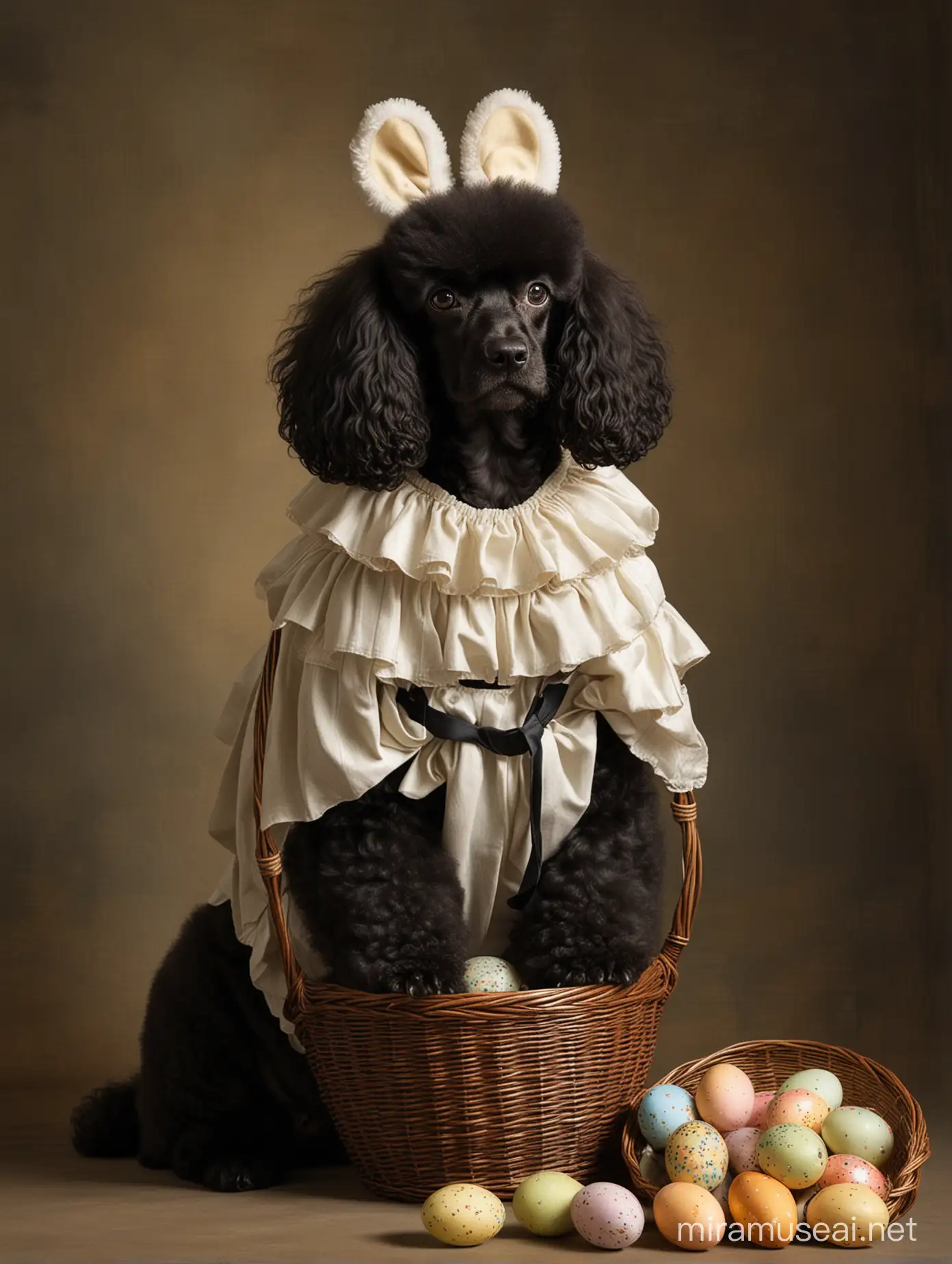 A black medium-sized French Poodle, dressed as an Easter Bunny, in the style of 1600 century painter Caravaggio. The surroundings are typical 1600s Italy, and the dog is carrying in its mout a small wicker basket with Easter eggs, all in the style of Caravaggio. 