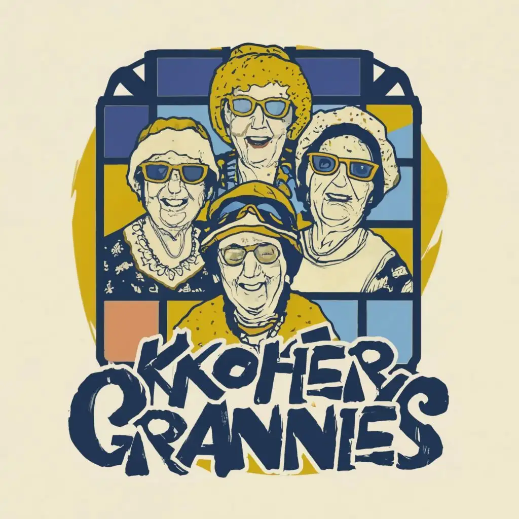 logo, Israel, yellow, blue, white, photo realistic Jewish grannies from old photos with headcovers and crazy sunglasses, Paul Klee, with the text 'Kosher Grannies', typography, be used in art industry