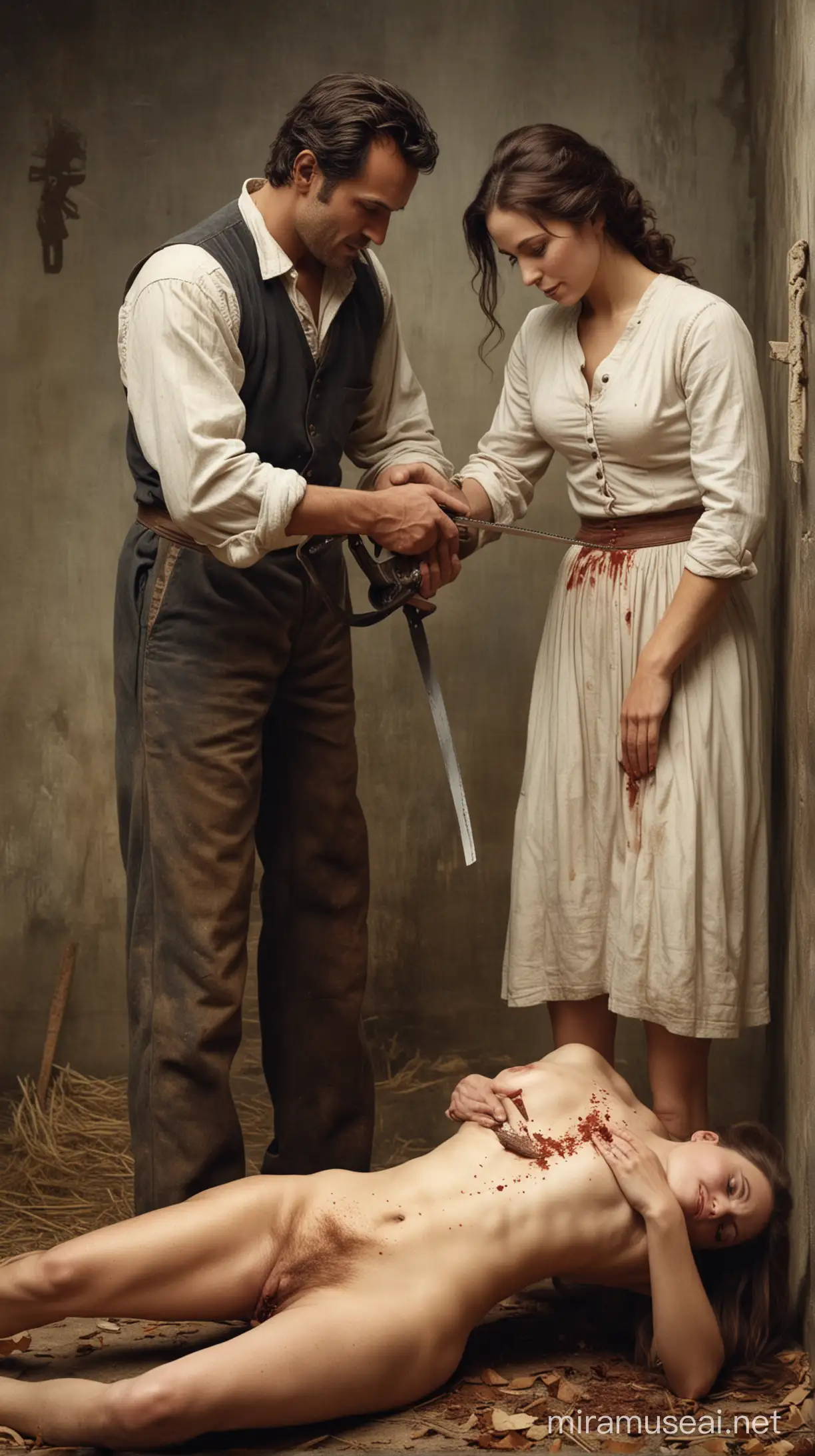 A man cutting the woman with saw history image 