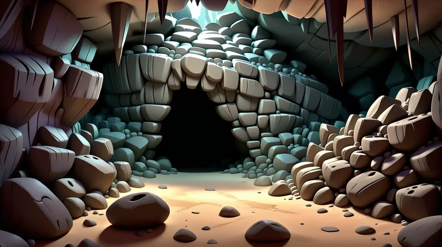 inside cave  horizontal shot pixar Maya style no characters just rocks 
