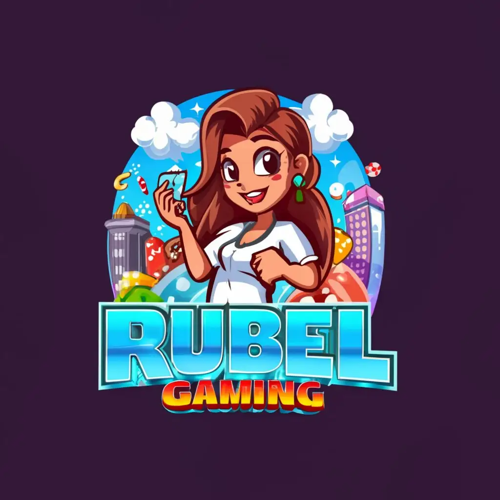 a logo design,with the text "RUBEL CASINO GAMING", main symbol:ITS SHOWS A GIRL PLAYING ONLINE CASINO GAMING WITH CARTOON BACK GROUND,Moderate,clear background