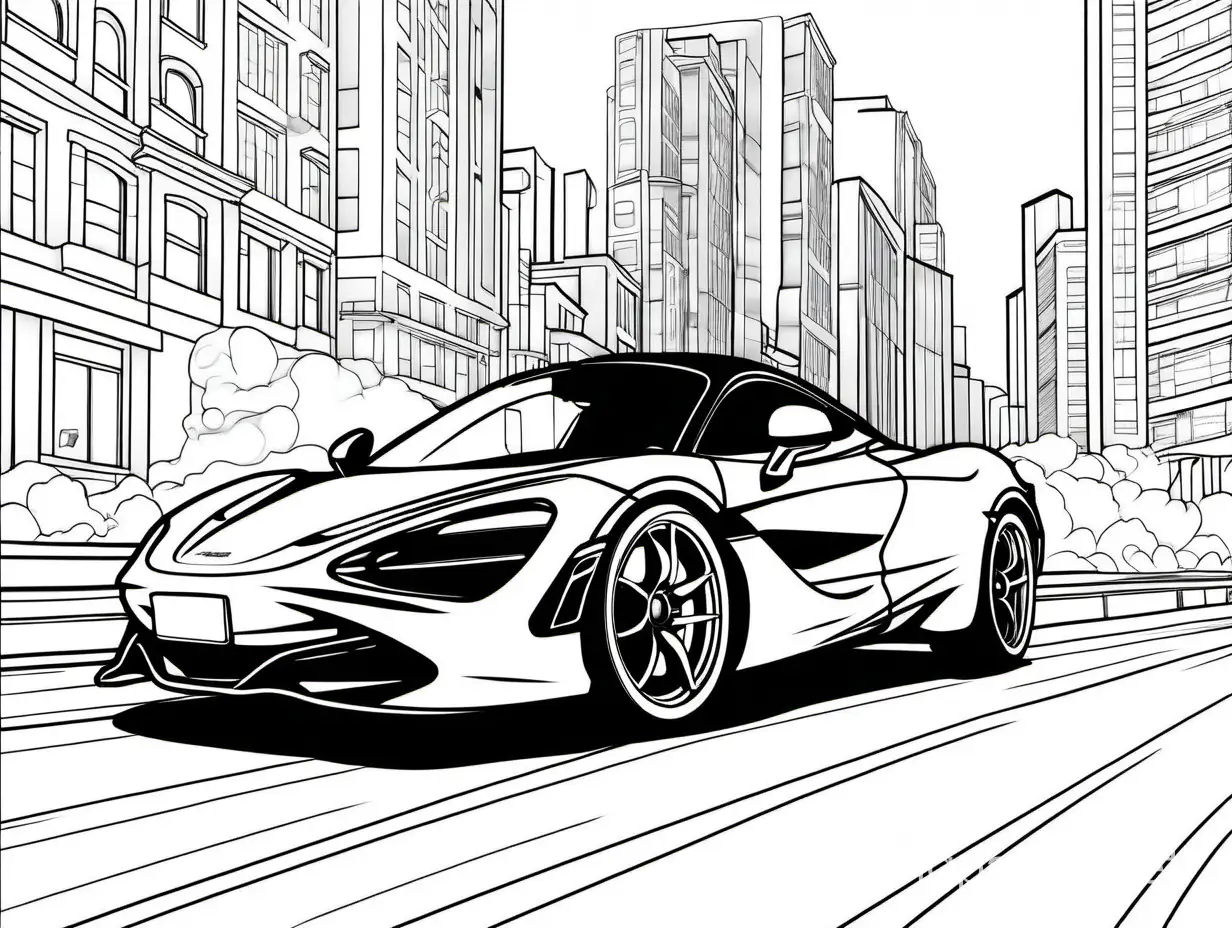 mclaren 720S drifting in the city, Coloring Page, black and white, line art, white background, Simplicity, Ample White Space. The background of the coloring page is plain white to make it easy for young children to color within the lines. The outlines of all the subjects are easy to distinguish, making it simple for kids to color without too much difficulty