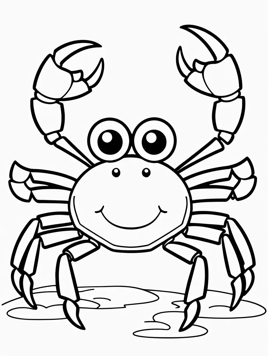 Very easy coloring page for 3 years old toddler. Only cartoon crab. Without shadows. Thick black outline, without colors and big  details. White background.