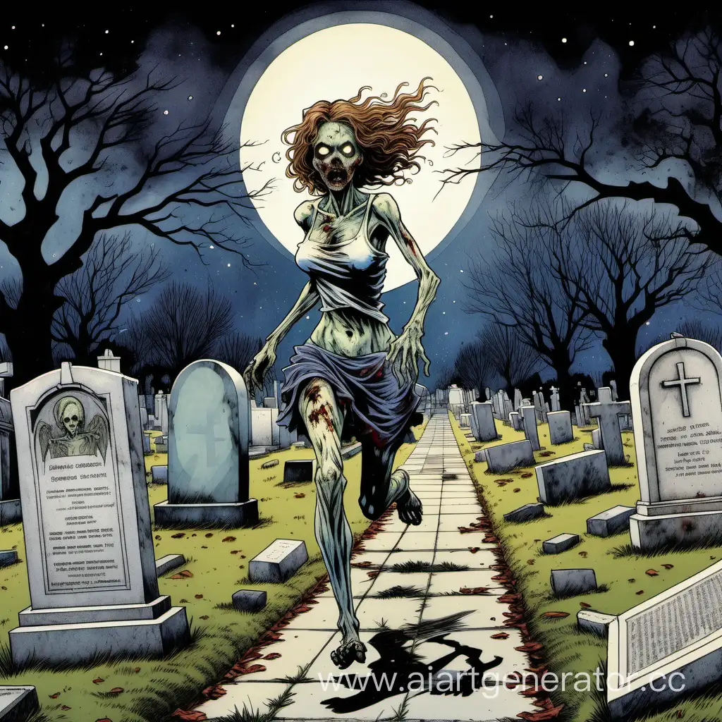 разложившаяся  зомби бежит ночью по кладбищу в стиле  Milo Manara