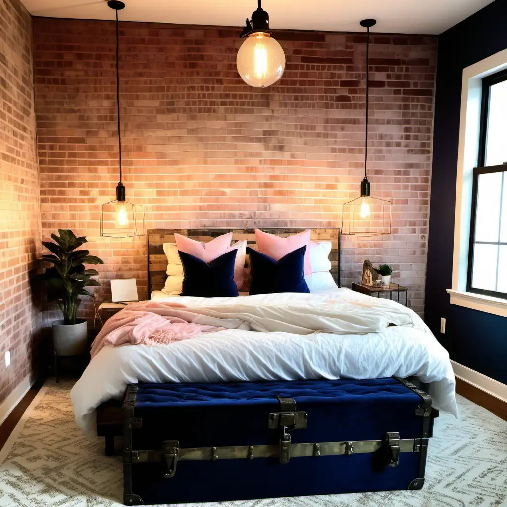 Cozy Bedroom with Velvet Pillows and Industrial Touches