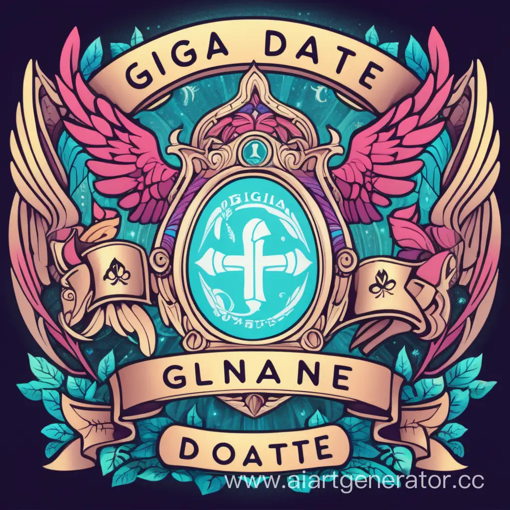 цветная эмблема с надписью в фентези стиле "GIGA DONATE" на фоне фентези мира но меньше мультяшности