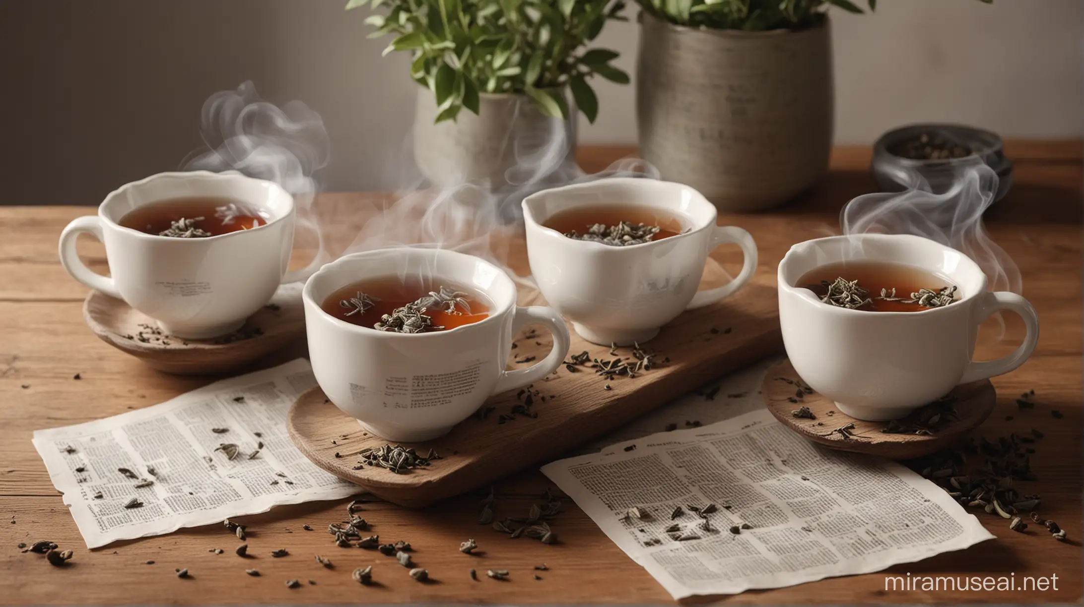 Generate an aesthetic AI image featuring three porcelain tea cups arranged on a wooden table, each filled with steaming tea. Tea leaves are scattered around the cups, creating a rustic atmosphere. Next to the cups, there's a rolled-up newspaper, suggesting a cozy morning scene. Capture the image from a slightly elevated angle to add depth and perspective.
