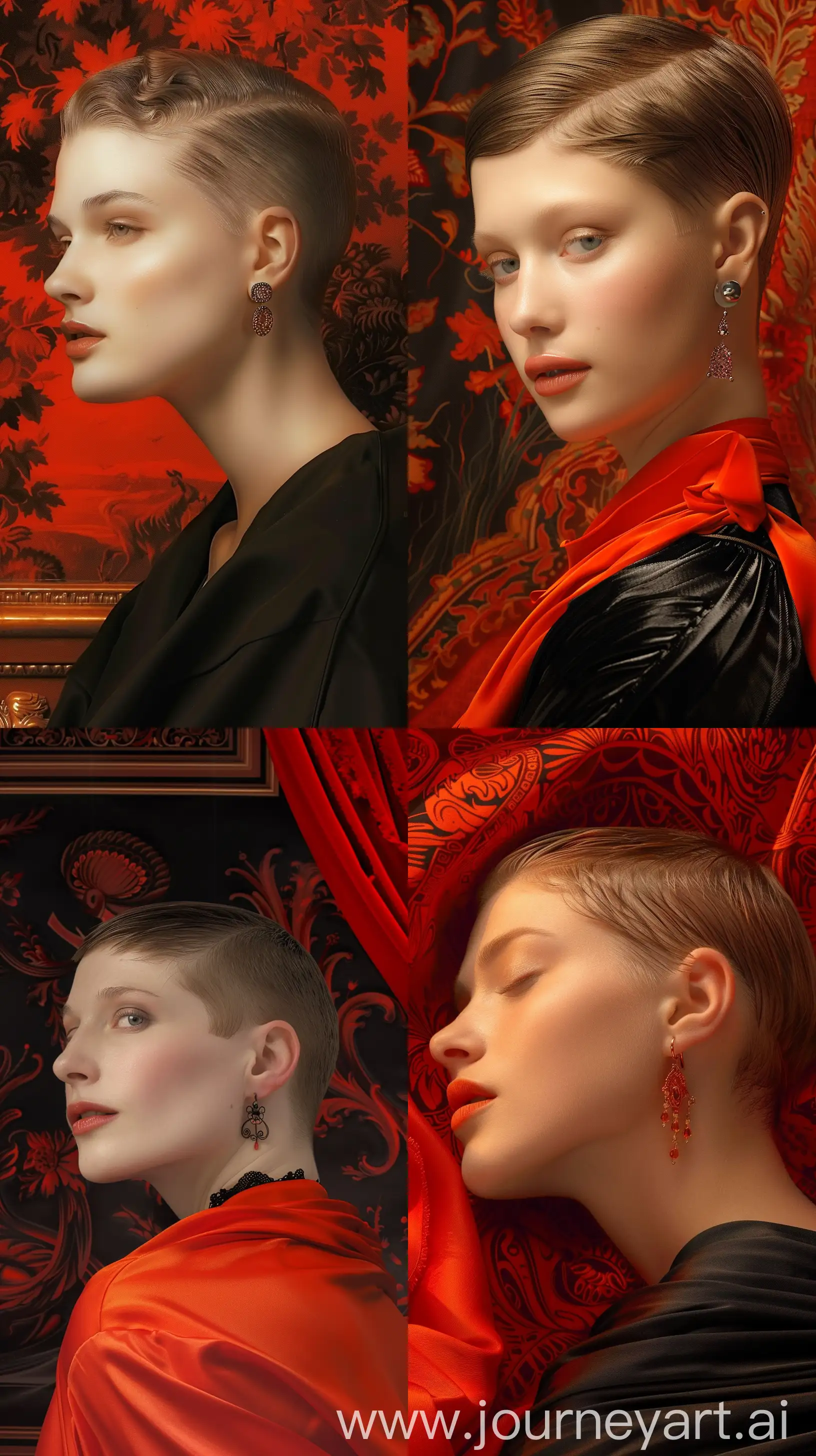 A portrait of a woman with short-cut hair, representing the loss of identity --sref https://i.pinimg.com/originals/34/2b/7a/342b7a4f2a4fd7aa567f1c0e69387591.jpg --style raw --v 6 --ar 9:16