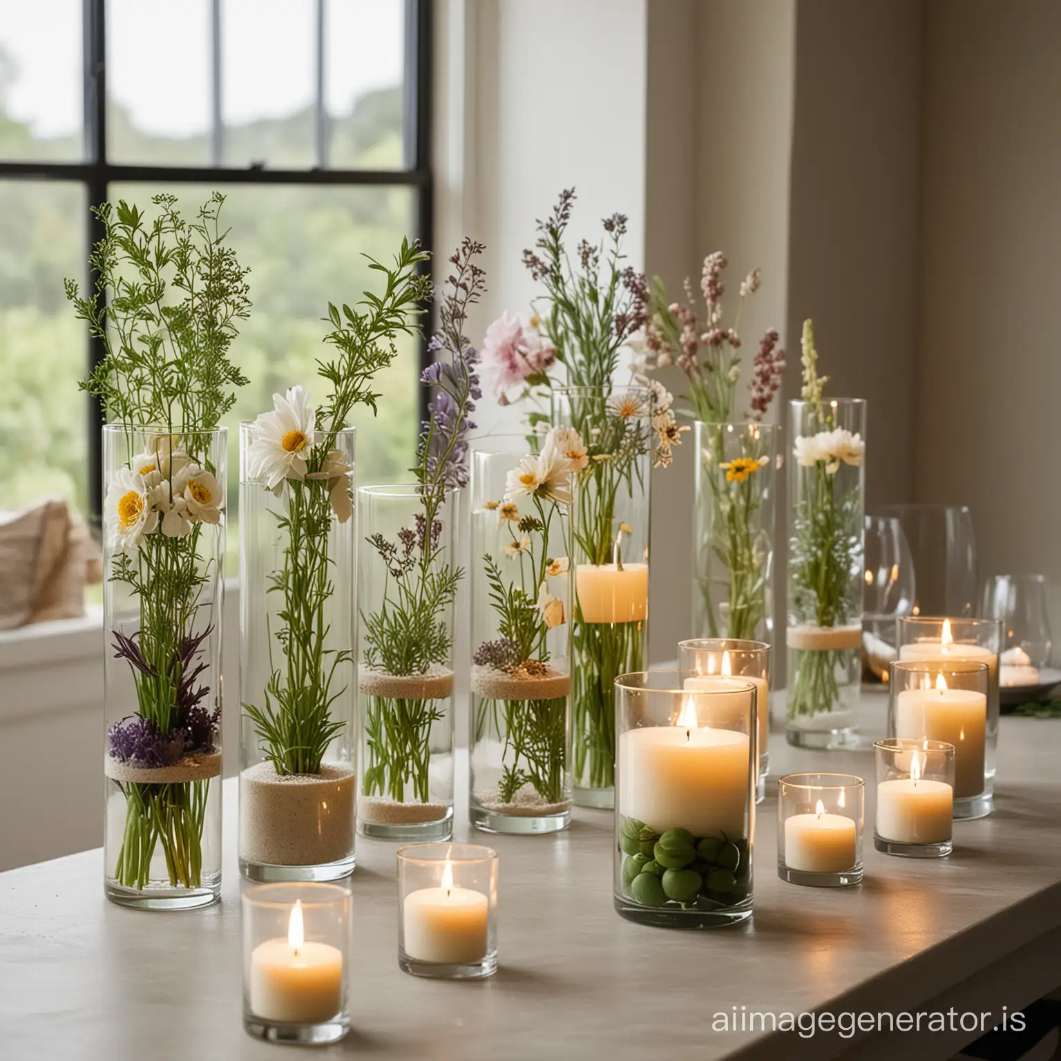 a counter full of cylinder clear glass vases filled with various flowers, floating candles, sand, herbs, etc.