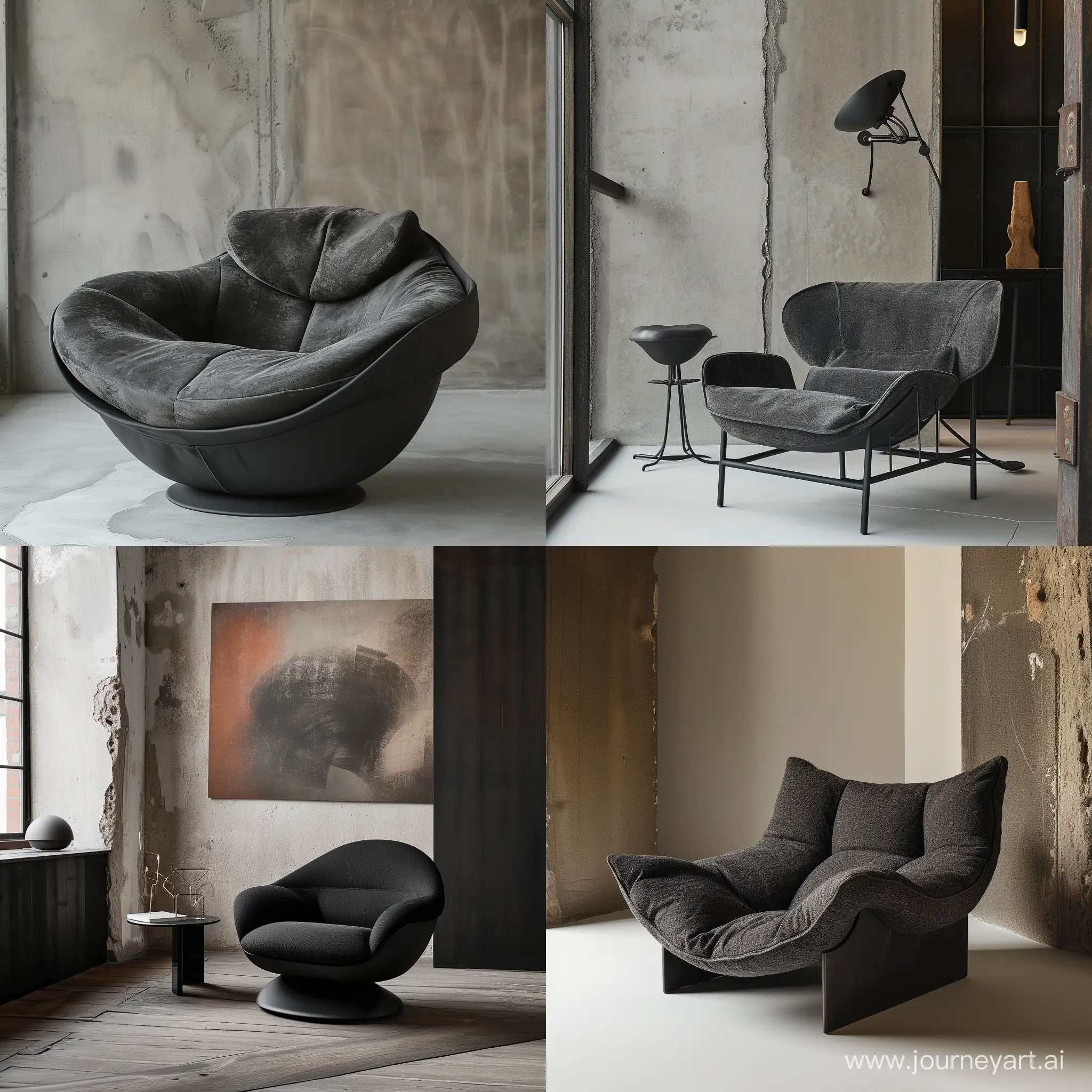 необычное кресло в современном стиле,  мягкая ткань, черное, ваби саби, стены лофт, минимализм
