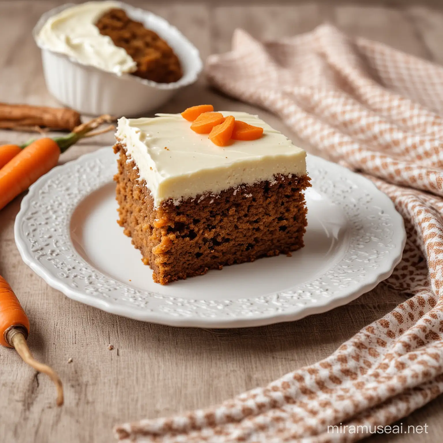 a slice of homemade Carrot Cake without any topping in a plate on a table with a nice tablecloth