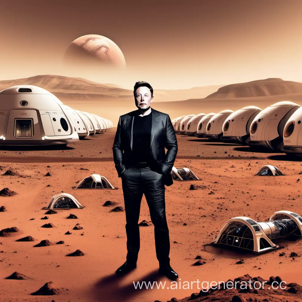 Илон Маск на марсе, а сзади колония 
