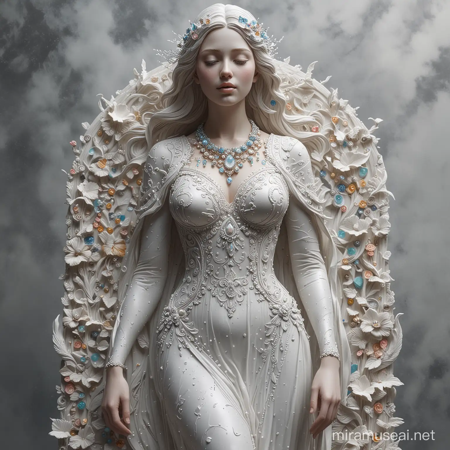 Realistic Woman Sculpture Adorned in Pastel Jewels Heavenly Paper Wonderland