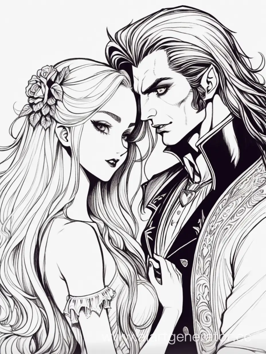 Красивый молодой мужчина вампир обнимает светлокожую девушку с длинными волосами, рисунок с черными контурами 