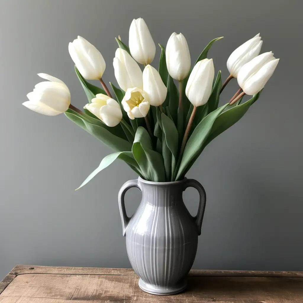 vintage grey vase with white tulips
